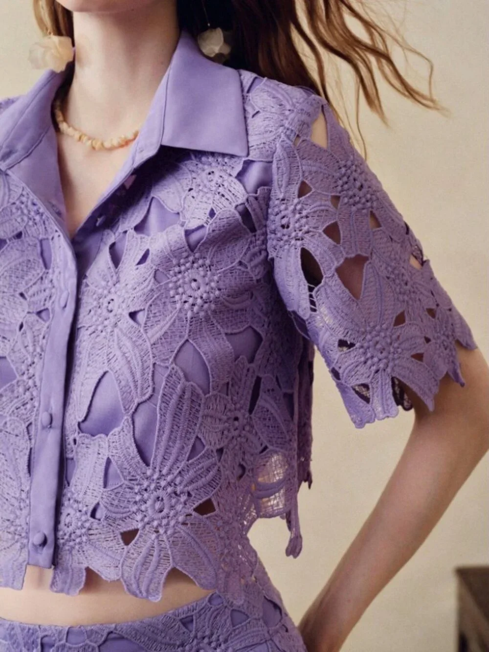 Lilac Floral Lace Crop Top & Wide Leg Pants Set